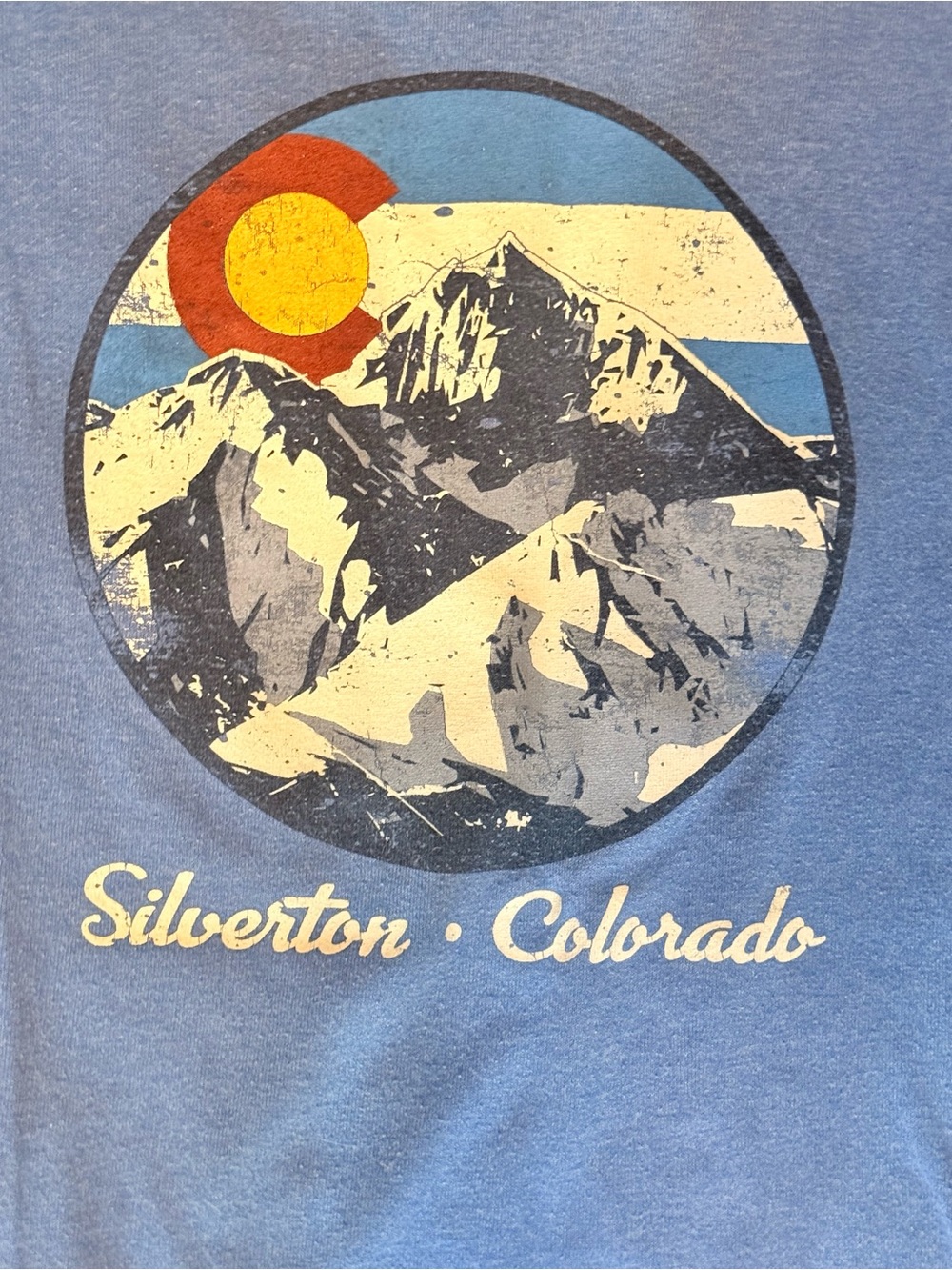 Silverton Colorado Mountain Graphic Tee - Blue with Yellow & Red Accent